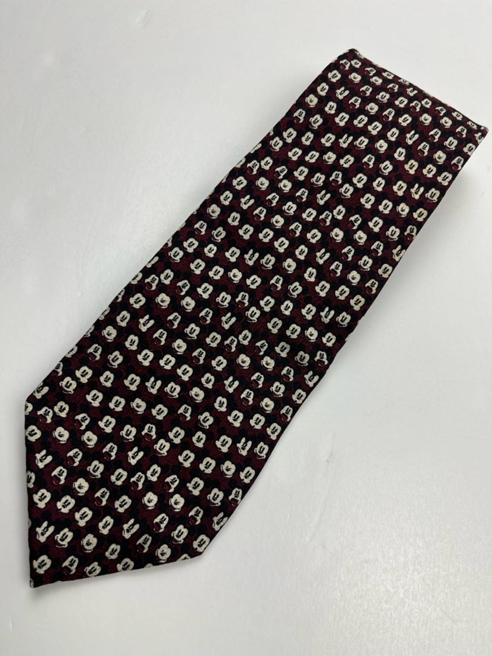 The Disney Store Mickey Mouse Faces Burgundy Patterned Men's Silk Tie *FLAW